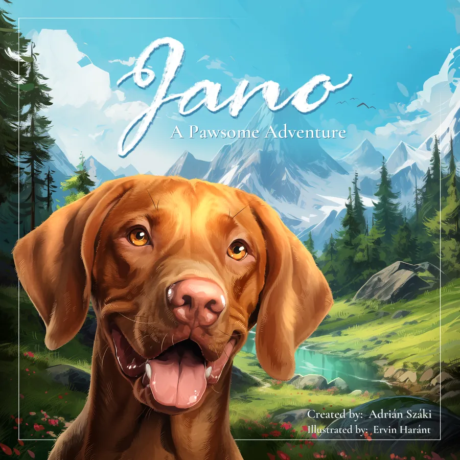 Cover des Brettspiels Jano – A Pawsome Adventure: ein Vizsla vor Allgäuer Bergen