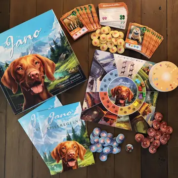 Spielinhalt von Jano – A Pawsome Adventure: Schachtel, Spielregeln, Spielbrett, Tier- und Blumenkarten und Naturschätze
