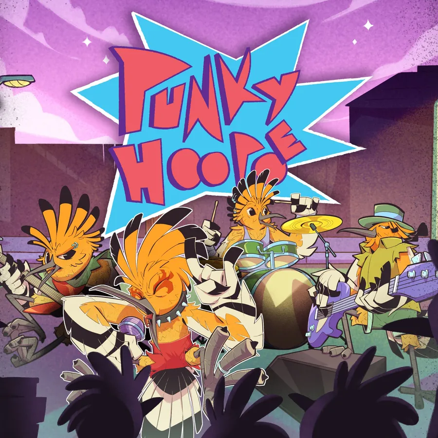 Cover des Kartenspiels Punky Hoopoe: eine Punk Band aus Wiedehopfen auf der Bühne